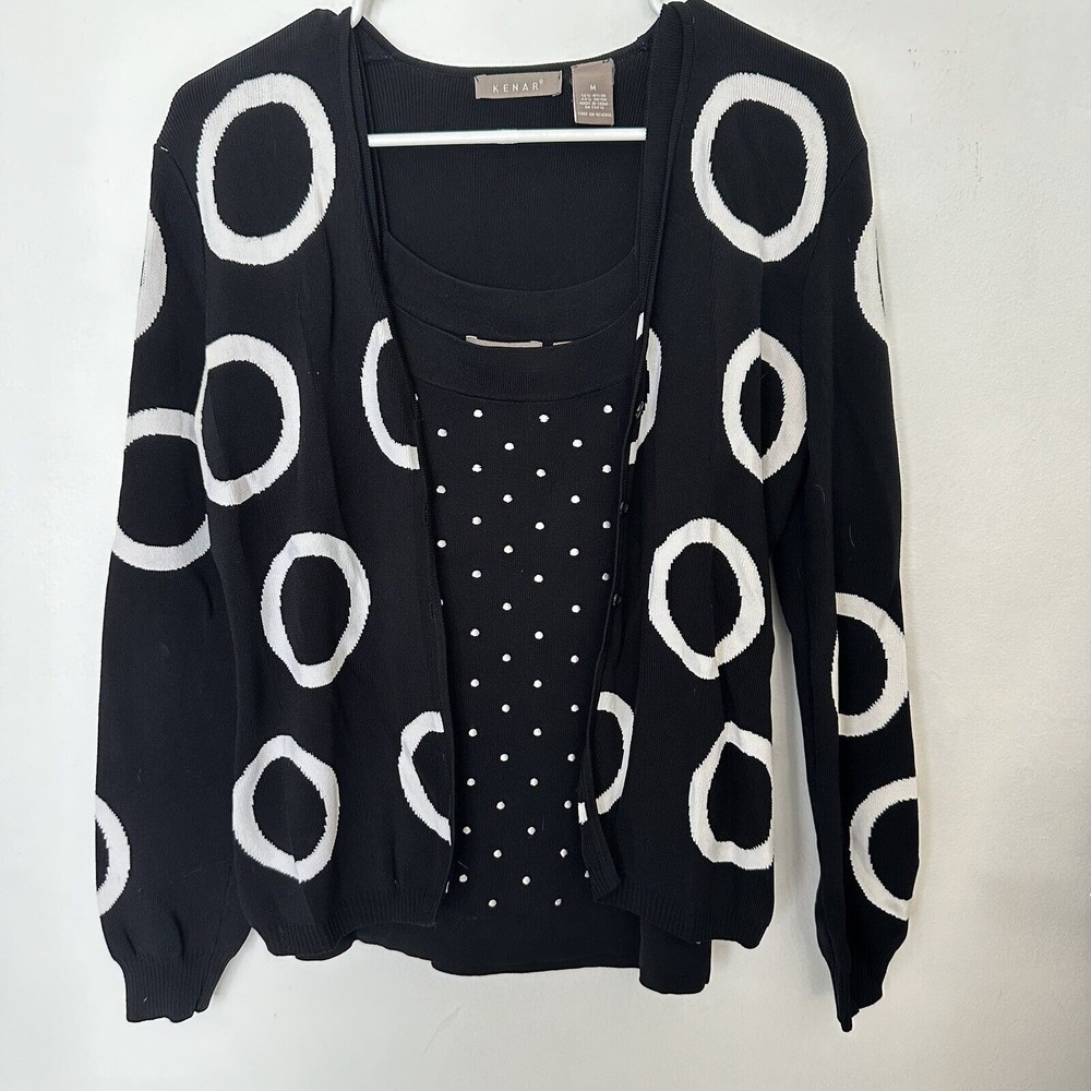 Cardigan Tank Set Career Black With White Dots Circles Kenar Size Medium Work